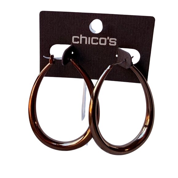 Y2K Chico’s Chocolate Teardrop Hoop Earrings Modern Bold Statement Jewelry NOS - Picture 1 of 4